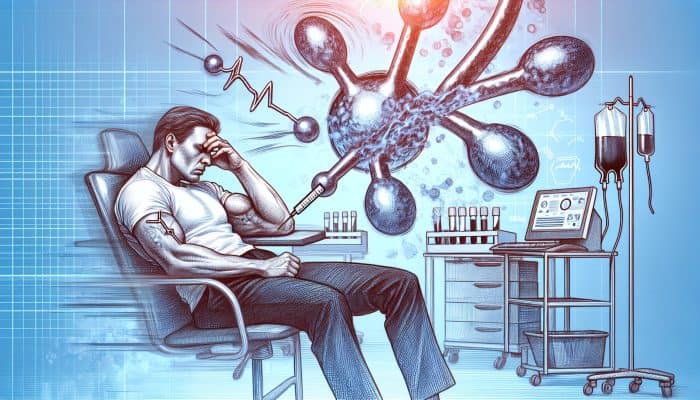 Can Hormone Imbalance Cause Low Libido: Stressed middle-aged person in a UK NHS clinic undergoing a blood test, surrounded by abstract disrupted hormone symbols evoking fatigue and mood swings.