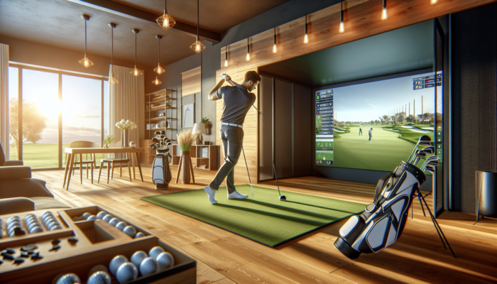 A dedicated golfer practises on a high-tech indoor simulator in a contemporary South African home, surrounded by reliable equipment.