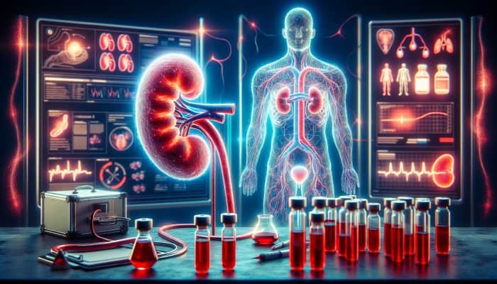 Kidney Blood Test in Leyland: A glowing human kidney intertwined with blood vessels, surrounded by vials labeled creatinine and urea in an NHS lab, symbolizing early CKD detection.