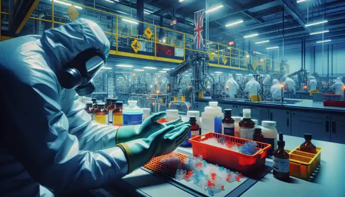 Polythene Gauntlet Gloves in Lichfield: A worker in a UK industrial lab wears durable polythene gauntlet gloves made from HDPE, handling hazardous materials.