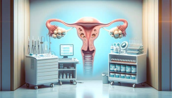 Understanding AMH, FSH, LH in Fertility: Illustration of a woman's ovaries with decreasing egg count, symbolising low AMH levels and fertility challenges in a modern UK clinic with hormone graphics and IVF tools.