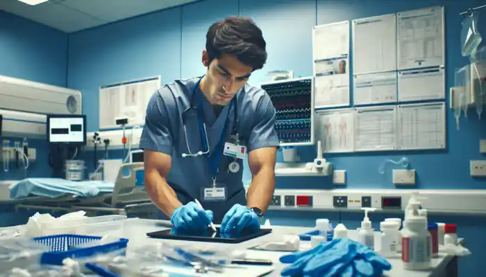 UK NHS nurse in a sterile ward, wearing blue nitrile gloves while handling medical instruments for pathogen protection.