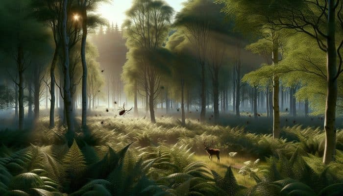 Understanding the Risks of Chronic Lyme Disease: Misty Scottish Highland woodland at dawn with dense ferns and grazing deer among ticks, highlighting Lyme disease risks.