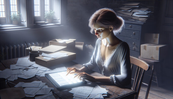 A serene British woman at a wooden desk in a cluttered home, using a tablet app to track budgets amid moving boxes and receipts.