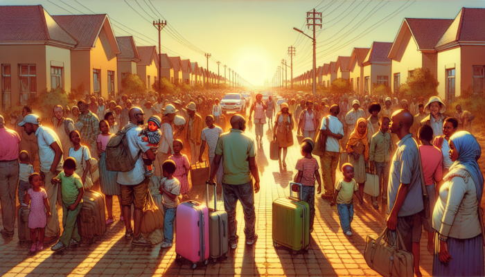 Families from rural areas arrive in Springs, South Africa, with suitcases and children, viewing affordable homes in bustling suburbs.