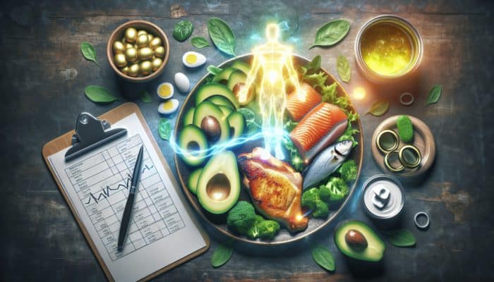 A vibrant plate of keto foods: seared chicken, canned fish, avocados, and greens on a rustic table, with a glowing figure symbolising energy and weight loss.