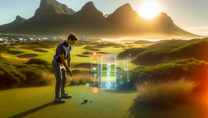 Best Golf Apps For Course Strategy: A focused golfer on a lush South African course, using a smartphone app to calculate yardage amid coastal dunes and mountains.