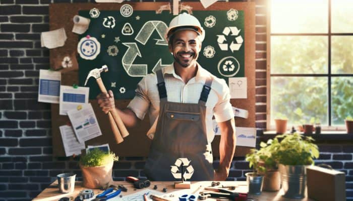 A determined person in a sunlit workshop holds recycled tools, smiling at a trophy among plants and recycling symbols.