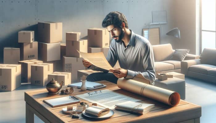 A focused individual reviews inventory and legal documents in a cluttered Preston living room, surrounded by sorted items and boxes.