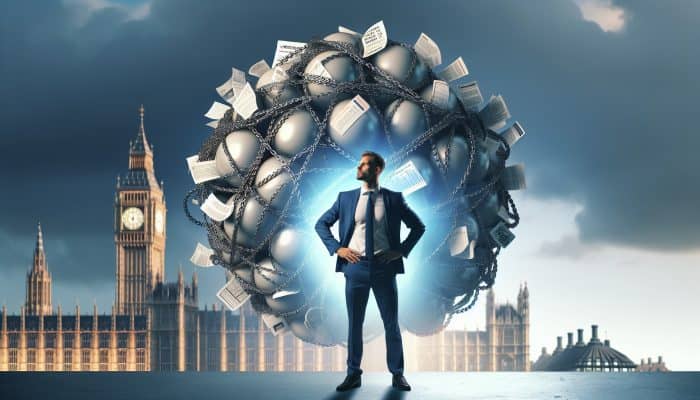 How Debt Consolidation Stacks Up to Refinancing | DCL A relieved UK resident in London stands triumphantly as tangled debt chains merge into a glowing orb, symbolizing simplified finances against Big Ben.