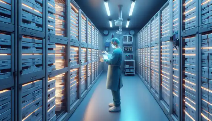 A sterile NHS storage room with stacked medical glove boxes in climate-controlled cabinets, an inspector checking gauges and charts.