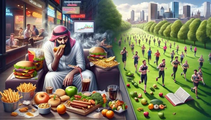 Split image contrasting high cholesterol causes: one side shows person eating fast food, smoking, lounging in urban clutter; other side features park with joggers and fresh produce.
