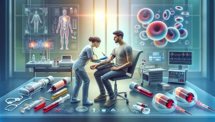 FBC Test in Horndean: A nurse in a modern Horndean clinic draws blood for an FBC test, surrounded by sterile equipment, digital monitors, and colourful blood cell images.