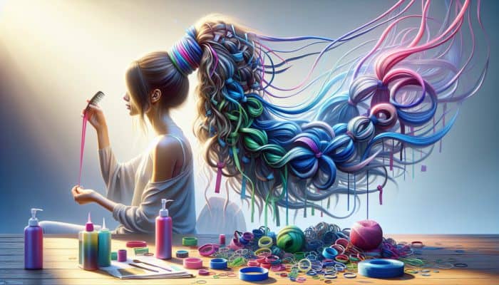 Creating Bubble Ponytails Playfully: Young woman styling a bubble ponytail with multicoloured elastic bands, seamless hair ties, and a comb on a sunlit vanity table.