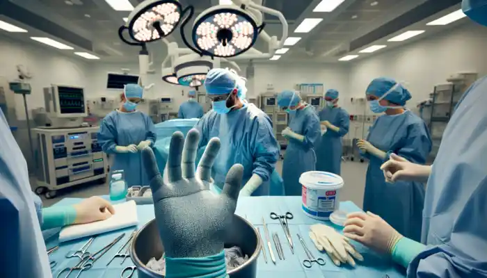 Where Are Nitrile Gloves Used in Different Sectors: In a sterile UK NHS operating room, surgeon in blue nitrile gloves performs procedure, nurses in examination gloves handle instruments, staff wear heavy-duty gloves under bright lights.
