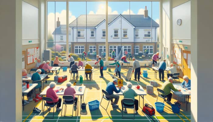 Residents in a sunlit UK community hall attend a spring safety workshop, practicing lifting techniques and handling hazardous materials.