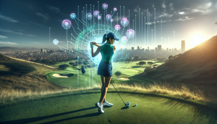 Professional golfer in Johannesburg analyses swing data on a hilly fairway with urban skyline under bright sun.
