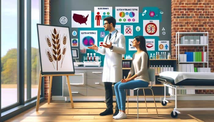 In a modern Willenhall clinic, a doctor explains gluten intolerance testing to a patient amid medical tools and wheat symbols.