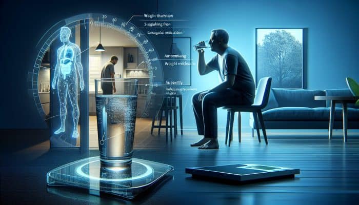 How Is Diabetes Diagnosed: A concerned person in a modern UK home drinks water for thirst, checks scale for weight loss, and heads to the bathroom at night, indicating early diabetes signs.