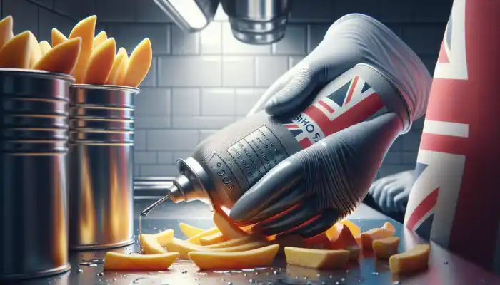 Vinyl Gloves in Food Prep and Cleaning: Close-up image of vinyl gloves handling greasy fish and chips in a bustling UK kitchen, illustrating oil resistance and hygiene standards.