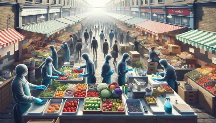 Vendors in blue vinyl gloves handling fresh produce at a lively London market stall, upholding hygiene amidst crowds.