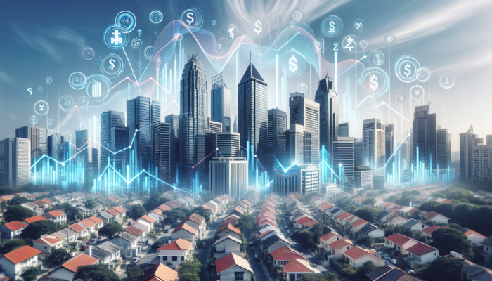 Dynamic cityscape with towering skyscrapers and suburban homes, overlaid by ascending stock graphs, currency symbols, and GDP arrows.