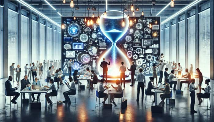 Diverse team in a modern lab huddles around a glowing idea board and ticking hourglass, as mentors provide resources and encouragement.