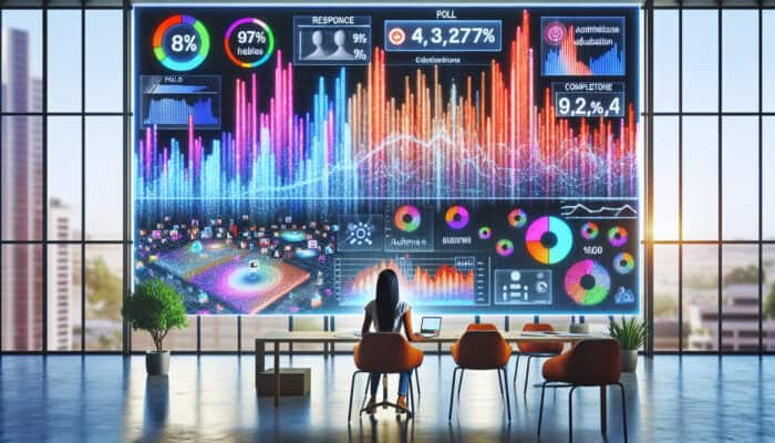Content creator in modern office analyses colorful graphs of poll metrics on large screen with video thumbnails in background.