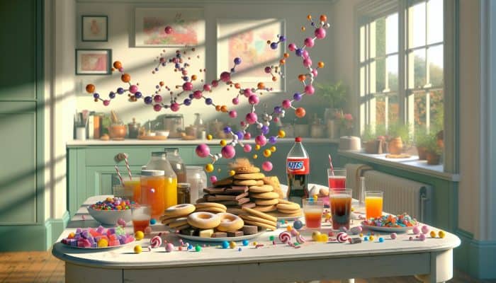 Understanding Triglycerides: A cluttered British kitchen table filled with high-sugar snacks like biscuits, sweets, and fizzy drinks, alongside floating triglyceride molecules and an NHS warning under soft light.