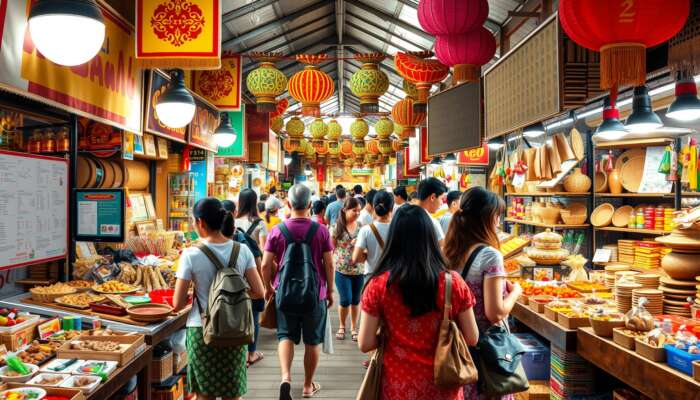 A diverse group of tourists interacting with local artisans in a lively market filled with traditional crafts, cultural performances, and authentic cuisine under vibrant heritage decorations.