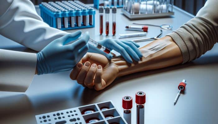 A healthcare professional draws blood for a Coeliac test in a sterile lab, surrounded by syringes, tubes, and charts.