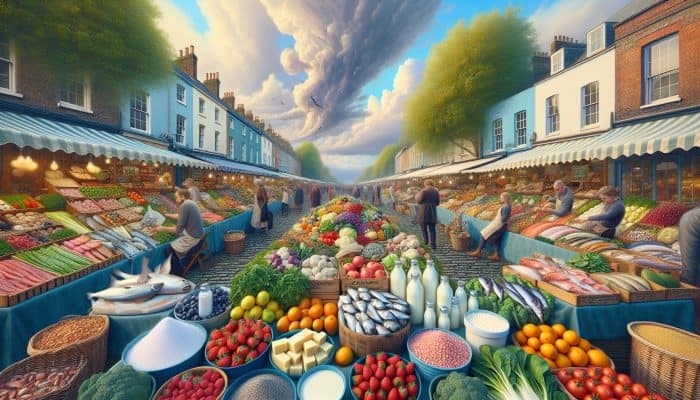 Understanding Thyroid Levels Fluctuate: A vibrant UK market scene showcasing fresh seafood, creamy dairy, colorful fruits, vegetables, iodized salt, organic produce, and hearty grains against a seasonal countryside backdrop.