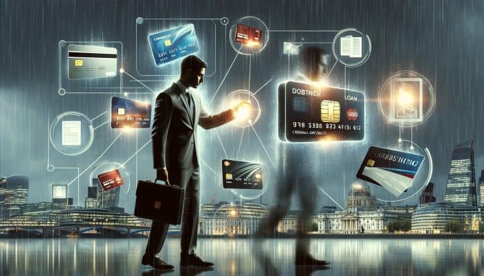 Debt Consolidation Loans vs Line of Credit: Key Differences | DCL Debt Consolidation Loans vs Line of Credit: A person in a modern London office merges scattered credit cards and bills into a glowing loan document under a rainy skyline, symbolising financial freedom.