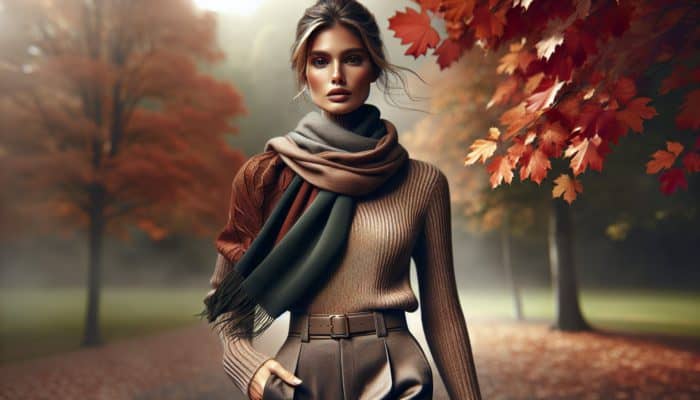 A stylish woman in an autumn park, wearing layered silk scarf, wool sweater, and trousers in rust and olive tones.