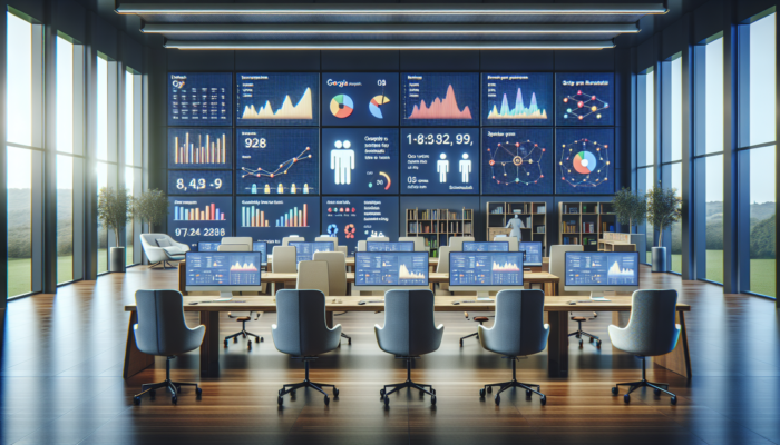Small business owners in a modern Poole office view Google Analytics dashboards showing traffic graphs, bounce rates, and data privacy symbols.