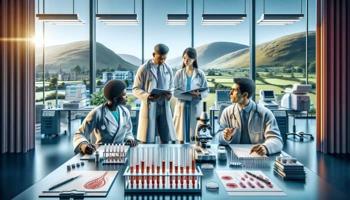 Fertility Blood Test in Pontypridd: Expert doctors in a modern Pontypridd clinic discuss fertility blood testing amid microscopes, test tubes, and Welsh landscapes.