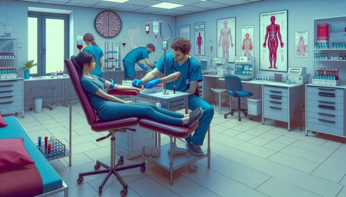 Illustration of a nurse in blue scrubs drawing blood from a patient's arm in a contemporary UK NHS clinic with laboratory equipment and health posters.