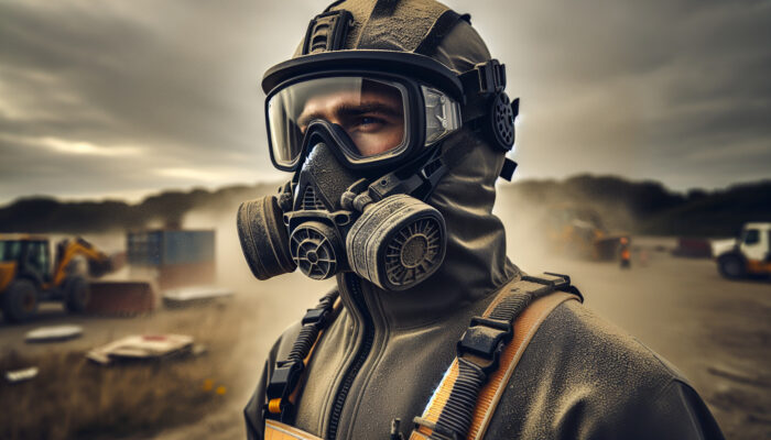 Construction worker in a dusty UK site wearing anti-fog goggles, reinforced suit, and shock-absorbent helmet against debris and chemicals.