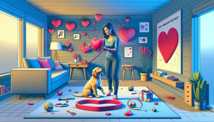 A vigilant pet owner inspects a colorful, non-toxic dog toy in a heart-decorated living room while a joyful puppy plays safely nearby.