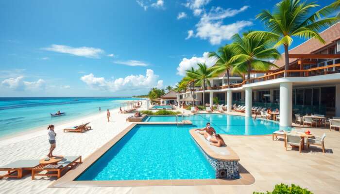Luxurious all-inclusive resort with a pristine beachfront, inviting swimming pools, diverse dining areas, vibrant bars, and guests engaging in snorkeling and beach volleyball under a clear blue sky.