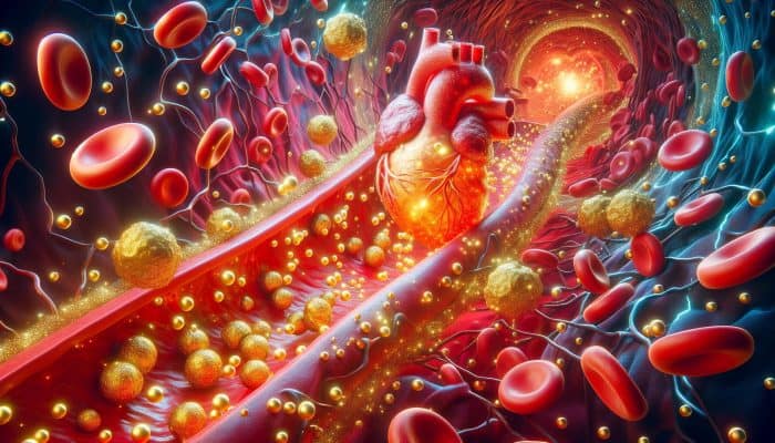 When Should You Get a Cholesterol Test: Microscopic view of golden cholesterol molecules in red blood vessels forming plaques on arteries, threatening a glowing heart with a rising levels chart.