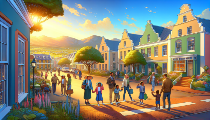 A lively street in historic Graaff-Reinet featuring Cape Dutch houses, vibrant gardens, families walking to school under a sunny sky.