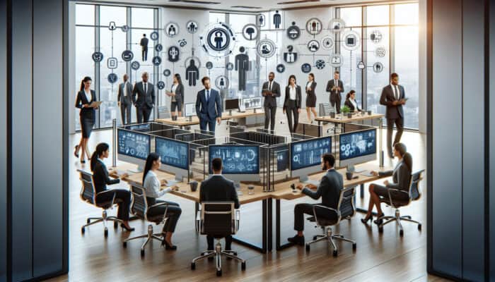 Diverse professionals in a modern office manage customer inquiries and schedules on computers, while executives brainstorm ideas for productivity.