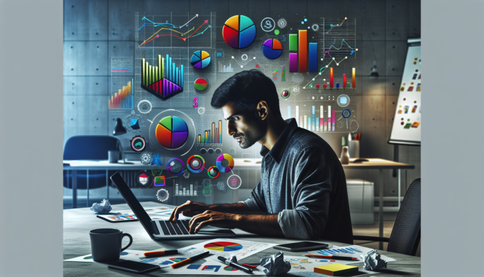 Small business owner in a modern office analyzes Google Analytics dashboard on a laptop, showing graphs of page views, bounce rates, and engagement metrics, with notes and coffee nearby.
