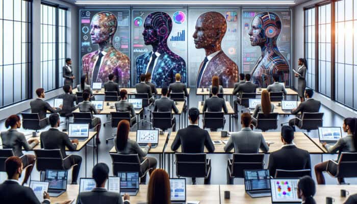 Experts in business attire discuss market research training in a seminar room with digital screens and whiteboard charts.