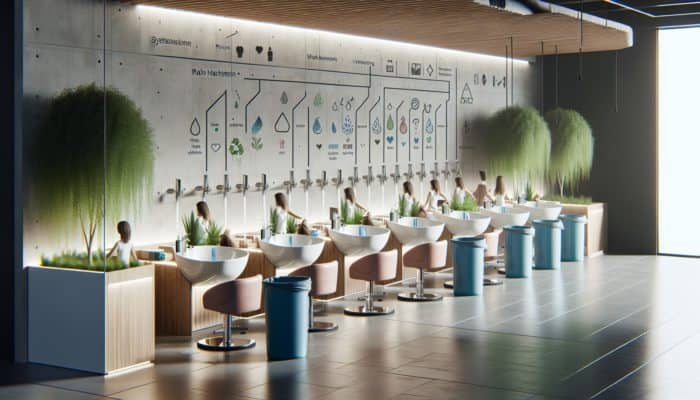 Modern hair salon with stylists using low-flow faucets and rainwater systems, surrounded by plants, recycling bins, and signs under LED lights.