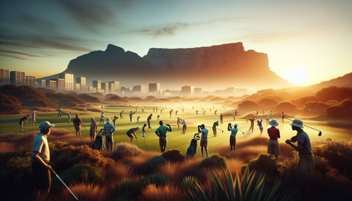 South African golf course at sunset: diverse players swinging clubs near Table Mountain, families relaxing in a lively atmosphere.