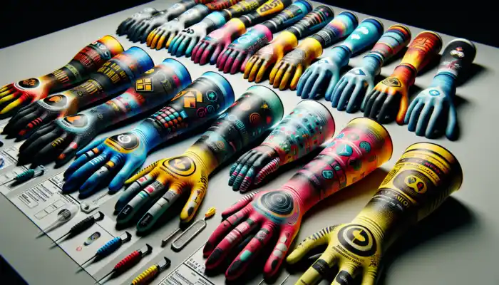 Customized latex gauntlet gloves featuring vibrant logos, various colours, extended lengths, padding, improved grips, and temperature resistance on a workbench.
