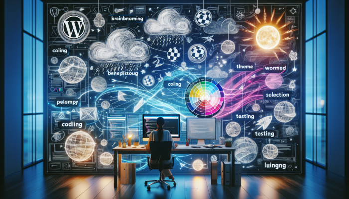 Flowchart of WordPress website design process: stages from brainstorming to launch, with designer at desk surrounded by vibrant UI elements and screens.