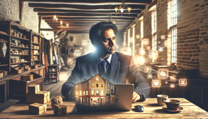 A determined small business owner in a historic Ilchester shop reviews glowing SEO charts and e-commerce tools to boost sales.